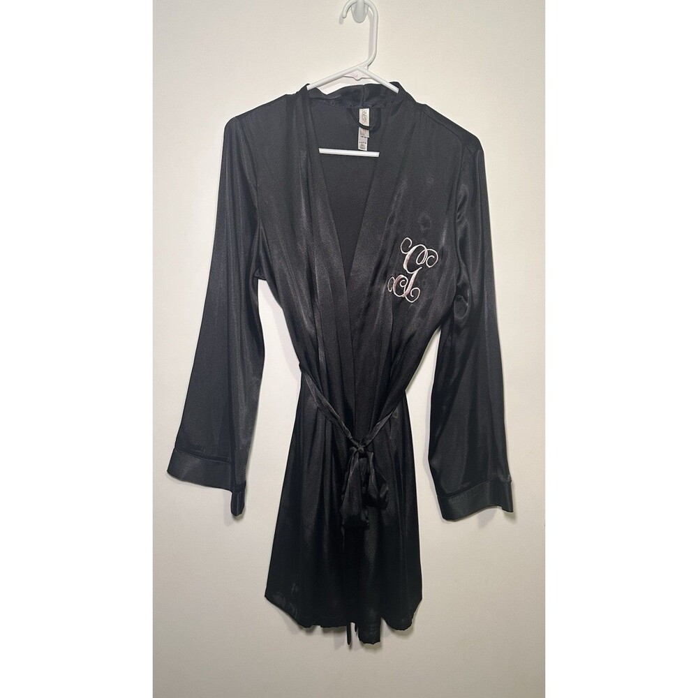 Embroidered Pink Monogrammed G Satin Polyester Black Robe Wedding Bridesmaid S